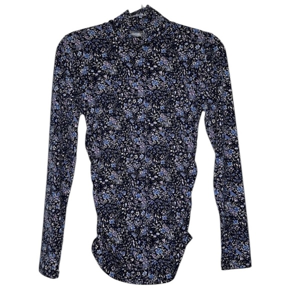 J Crew Turtleneck Top Ruched Matte Jersey Size S Coventry Floral BM340 Navy - Picture 3 of 3